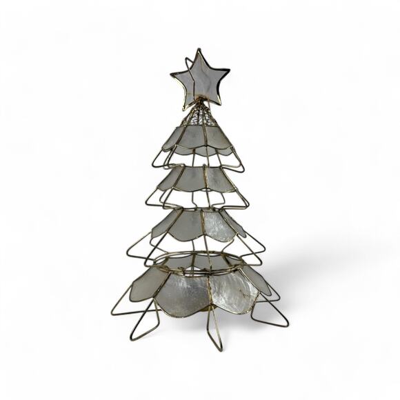 Vintage Capiz Shell Christmas Tree Candle Holder with Brass Frame Star Topper - Picture 3 of 16